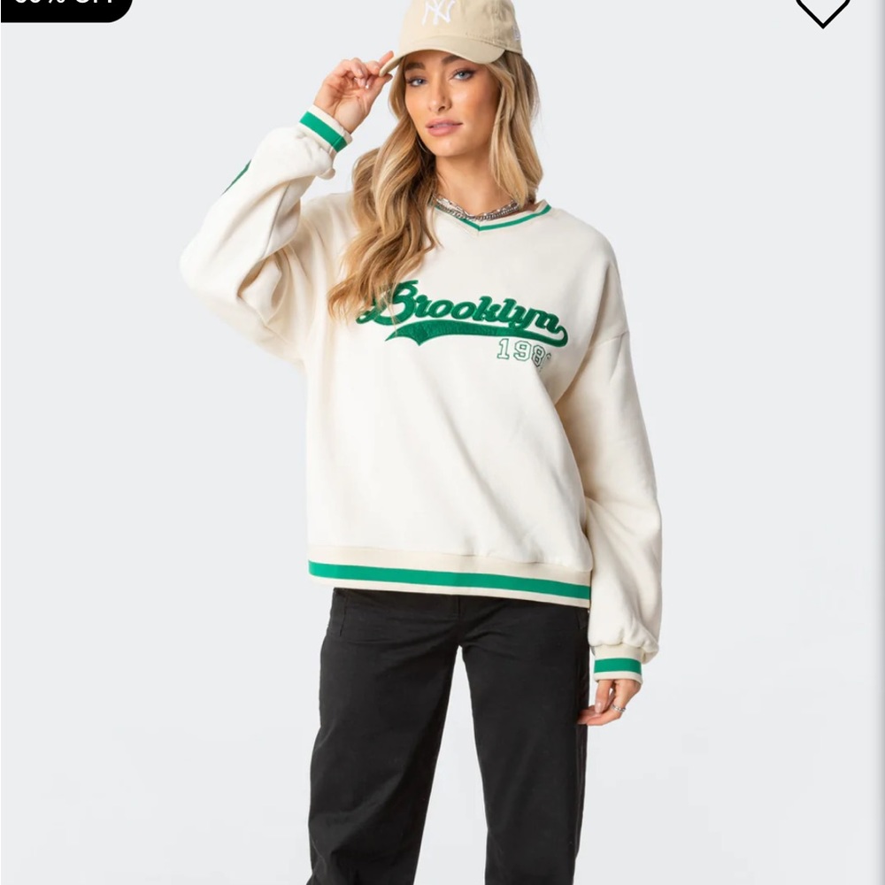 NWT edikted babe oversized sweatshirt Brooklyn green & cream varsity sweatshirt